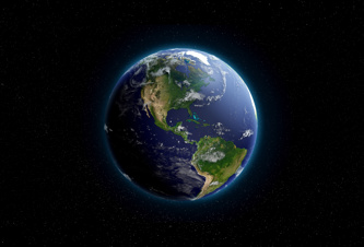 View of Earth from space, focusing on North and South America with a backdrop of stars.