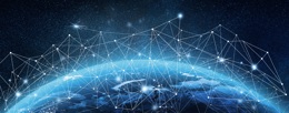 Digital illustration of Earth from space with interconnected network nodes representing global communication.